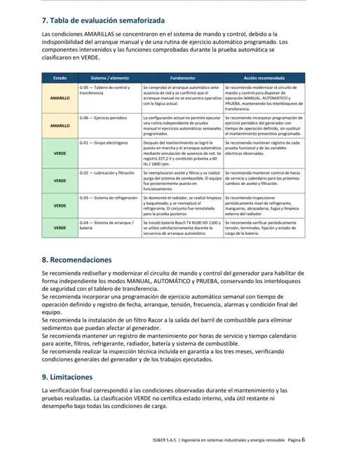 Tabla de evaluación en verde, amarillo y rojo de un informe técnico