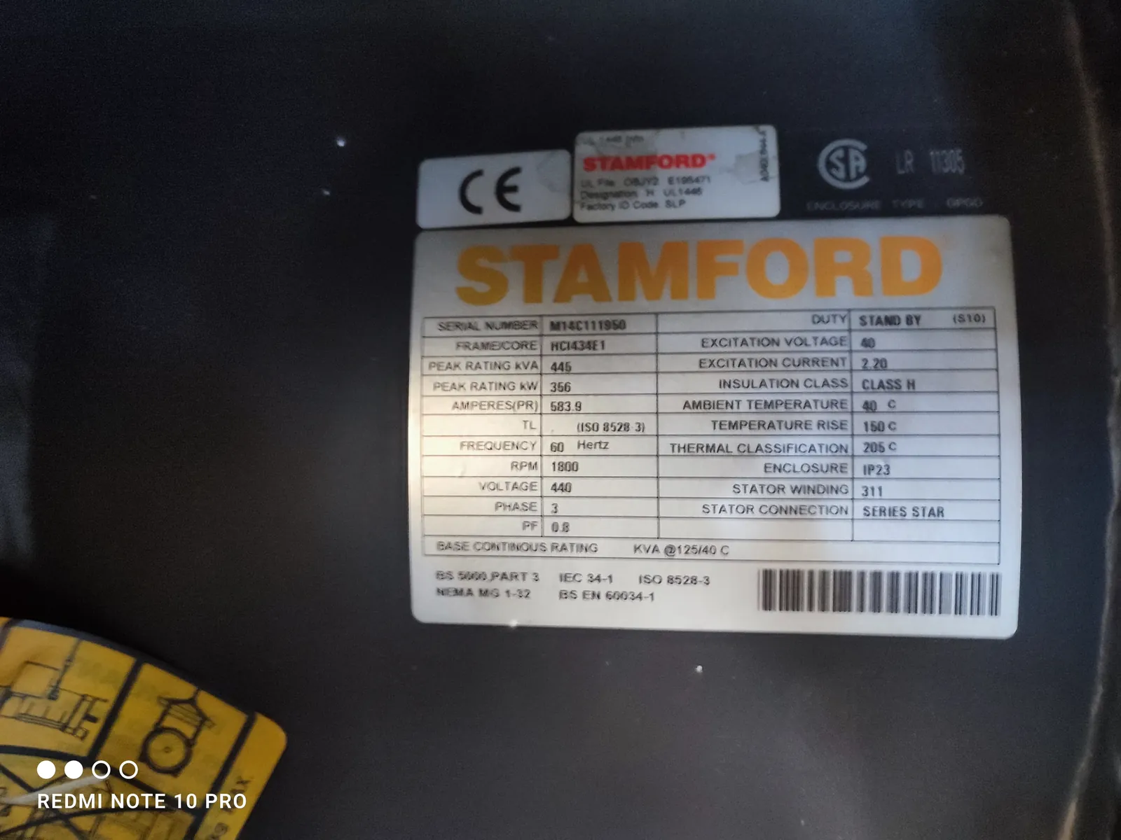 Placa técnica Stamford 445 kVA